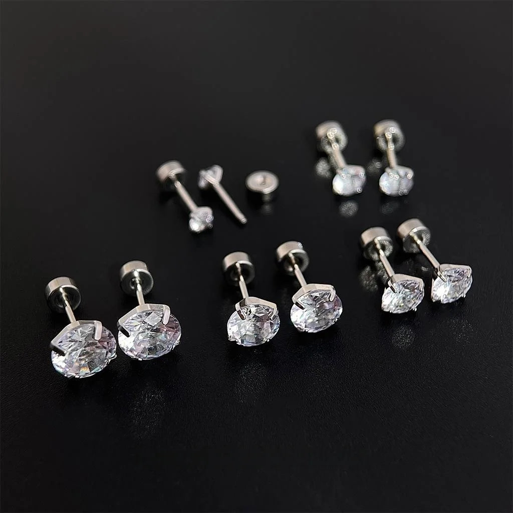 Stainless Steel Zircon Round Geometric Stud Earrings, Style Versatile Cartilage Ear Jewelry