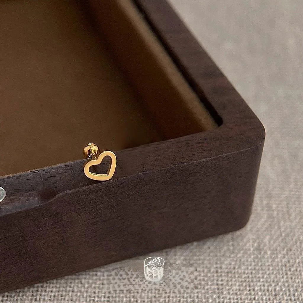 Copper Heart Screw Stud Earrings, Trendy Chinese Style Minimalist Anti-Loss Ear Jewelry