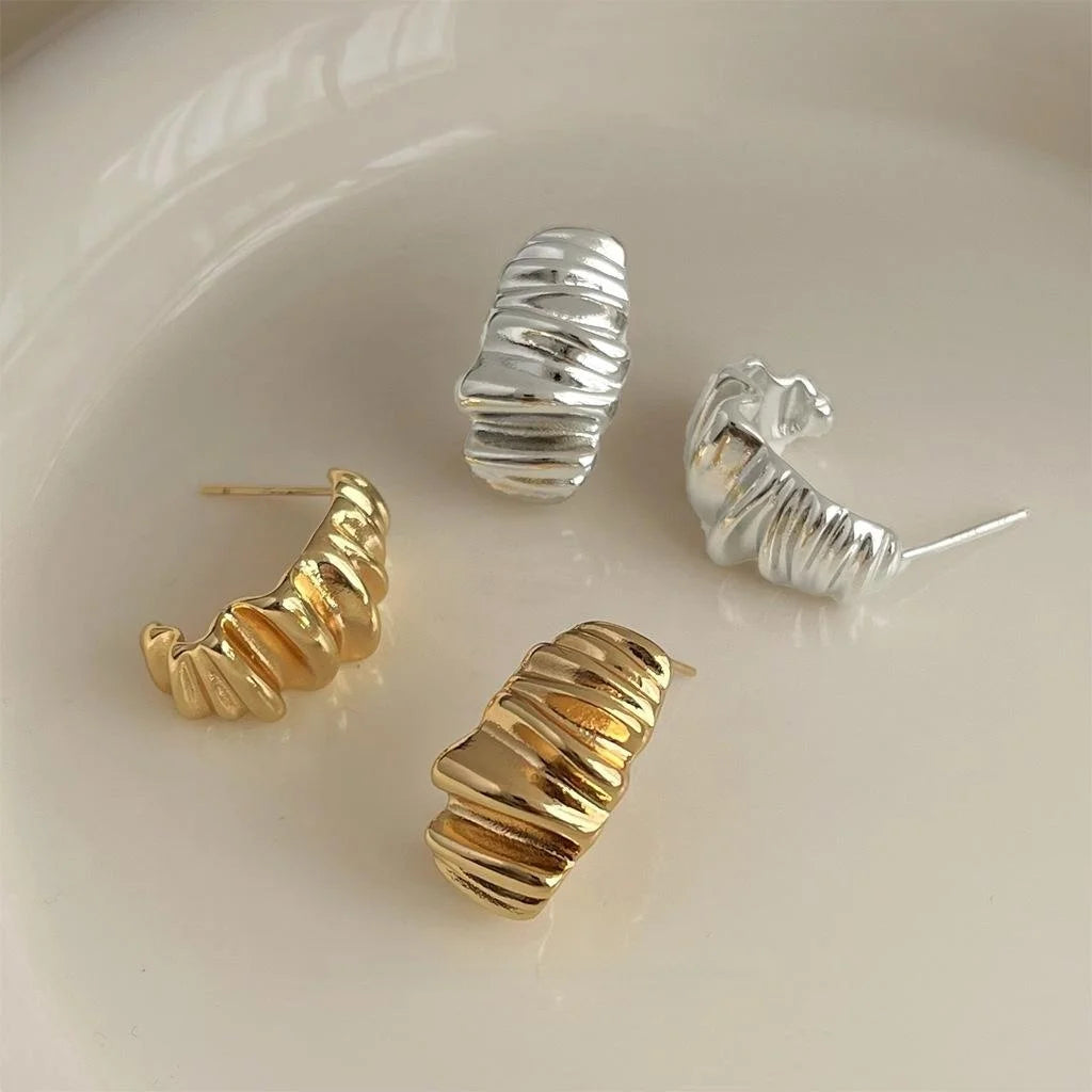 14K Gold Plated Copper Geometric Wrinkle Stud Earrings For Women Light Luxury Designer Style