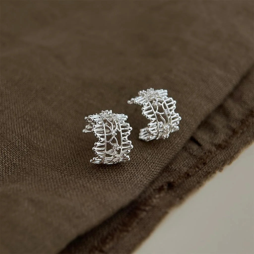 Lace Edge Hollow Geometric Copper Drop Earrings Sweet Light Luxury Style