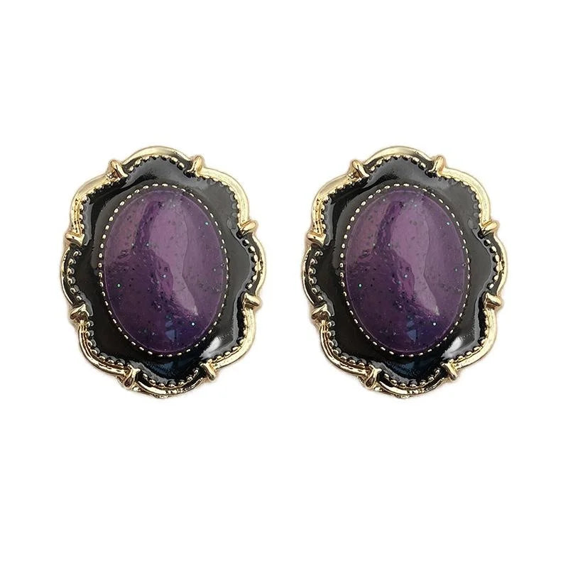 Vintage Purple 14K Plated Enamel Oval Floral Lace Drop Earrings