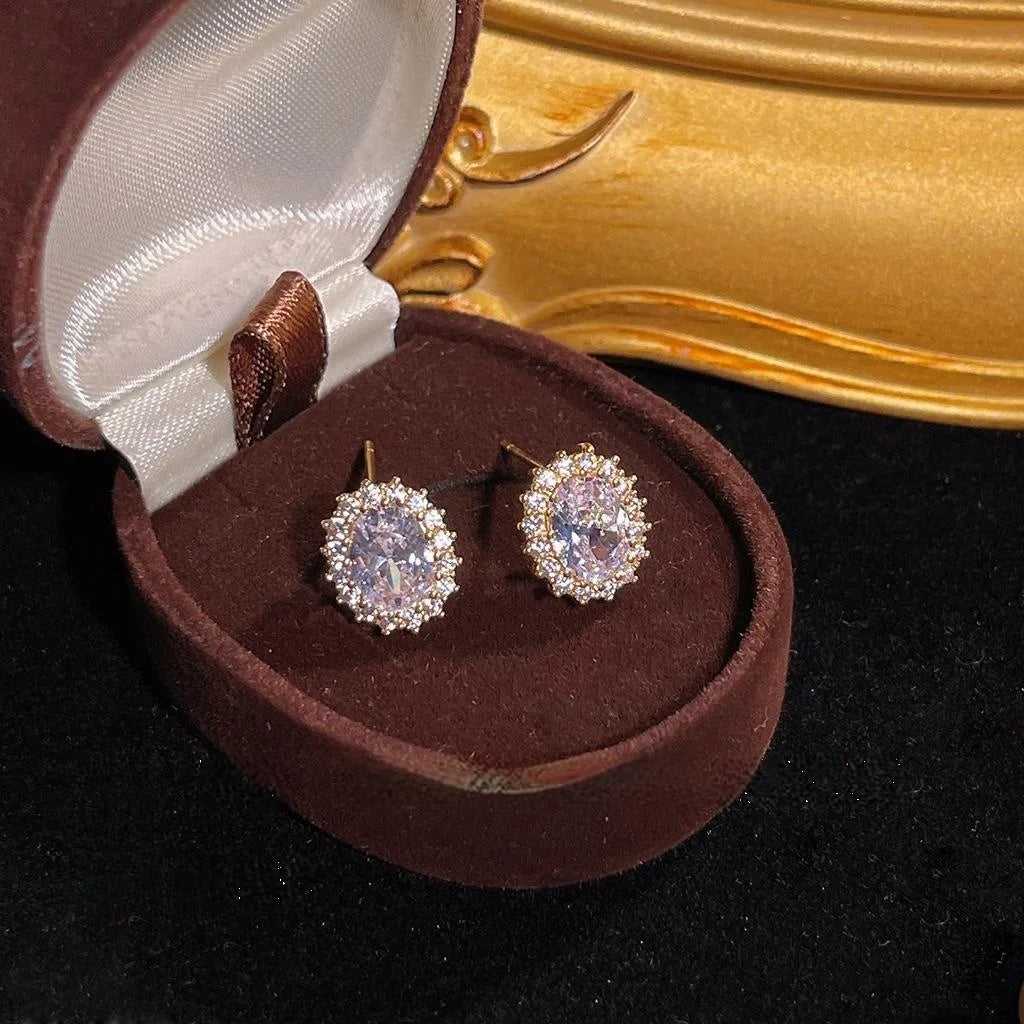French Style Luxury Micro Pave Zircon Oval Copper 14K Plated Stud Earrings