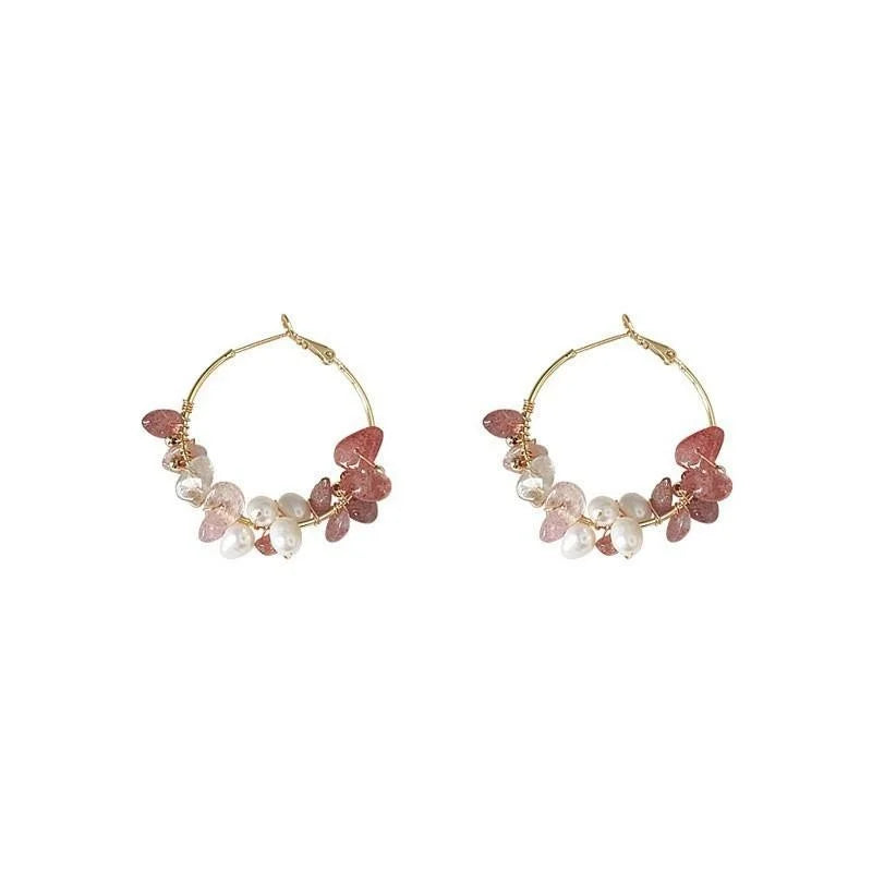 Sweet Handmade 14K Plated Copper Strawberry Quartz Freshwater Pearl Irregular Geometric Stud Earrings