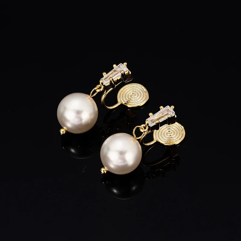 Luxury Spiral Disc Pearl Drop Zircon Alloy Stud & Clip On No Piercing Vintage Commuter Earrings