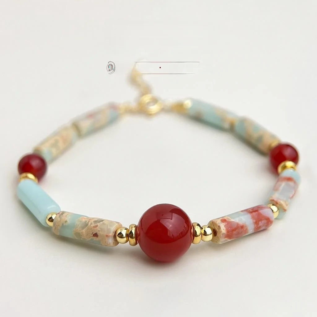 New Chinese Style Natural Stone Red Agate Shoushan Stone Handmade Geometric Bracelet