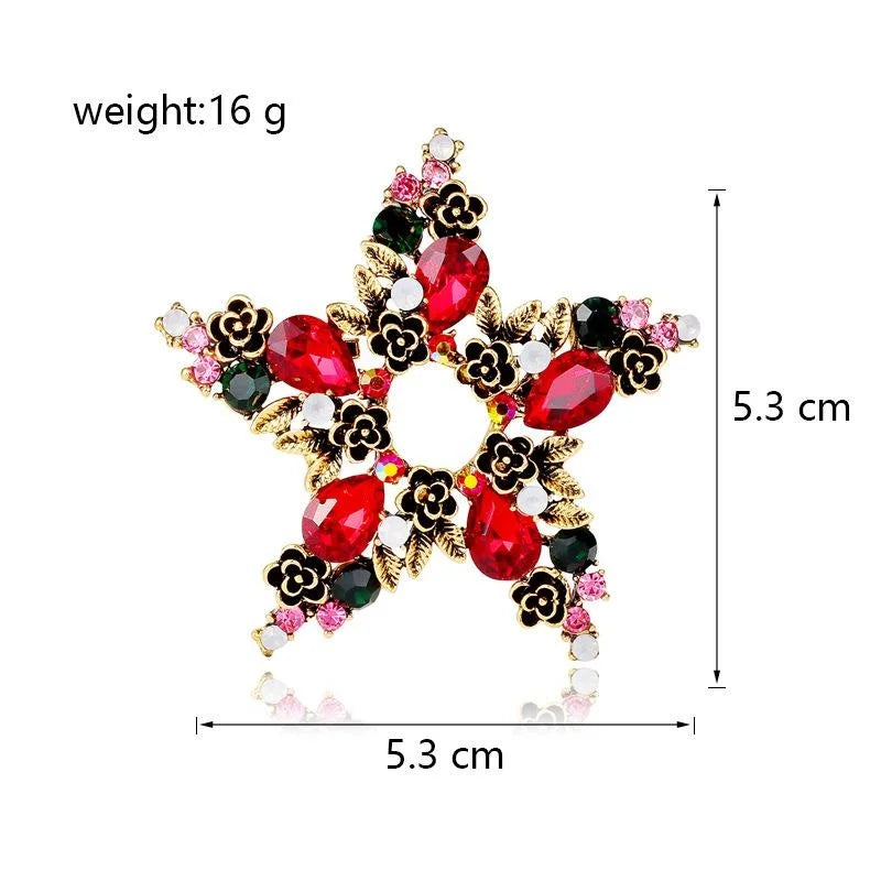 Vintage Hollow Star Brooch With Red Rhinestones And Enamel Flowers, Elegant Christmas Lapel Pin Gift