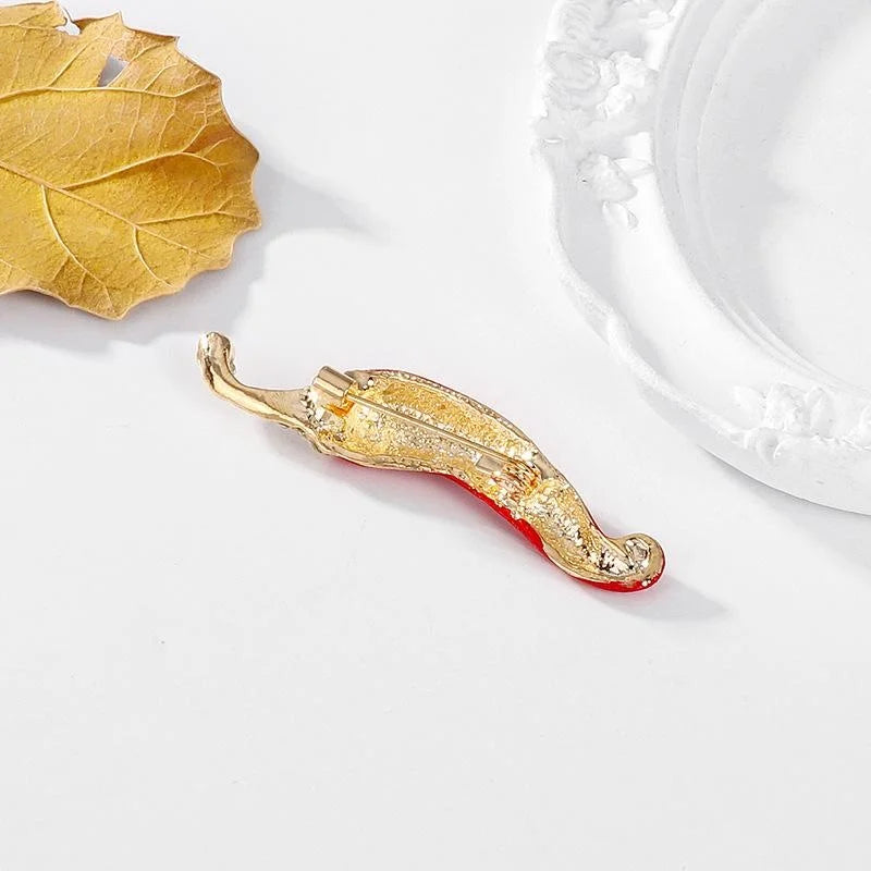 Cute Red Enamel Chili Pepper Brooch With Rhinestone Stem, Vegetable Lapel Pin Corsage Gift