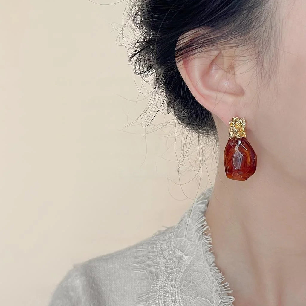 14K Plated Copper Amber Resin Geometric Irregular Drop Earrings For Fashion OL Style