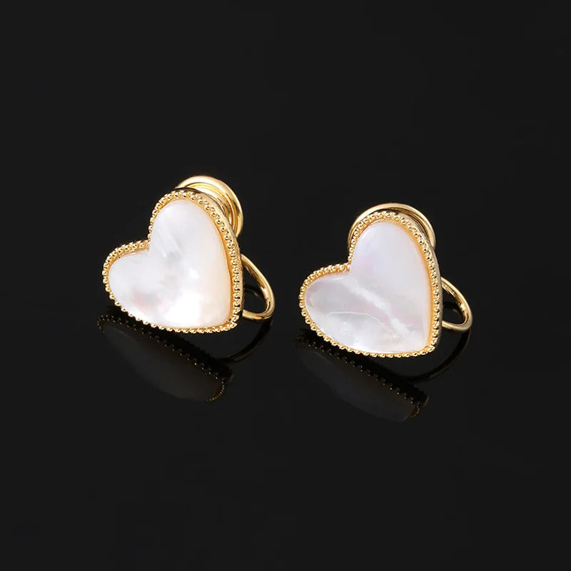 Elegant Natural Shell Heart Stud & Clip On No Piercing Gold Alloy Beaded Edge Sweet Women Earrings