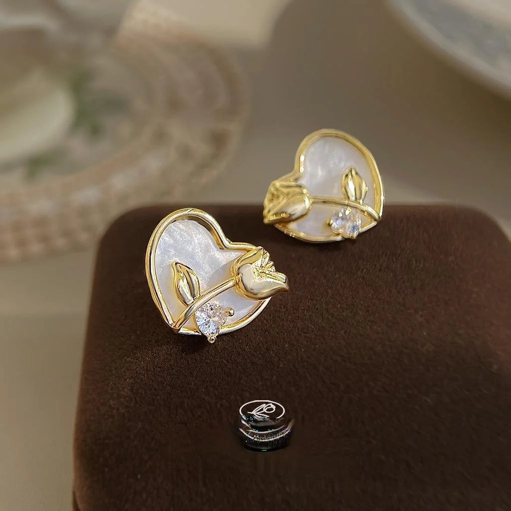 Modern Minimalist Copper Zircon Heart Tulip Flower Stud Earrings