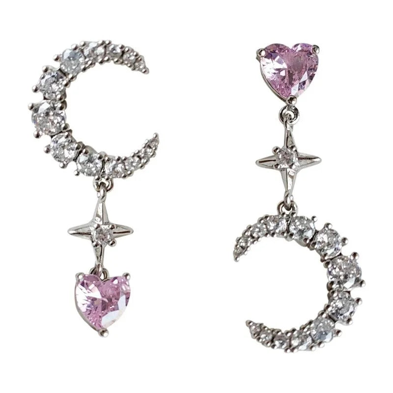 Sweet Asymmetric Moon Heart Star Zircon Micro Pave Copper Stud Earrings For Women