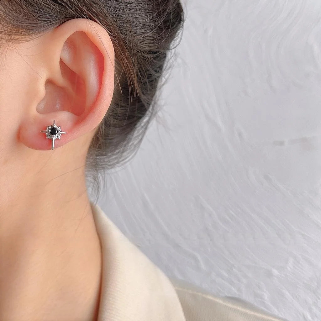 Minimalist Six Point Star Stud Earrings Micro Pave Zircon Copper Korean Style Black White Jewelry