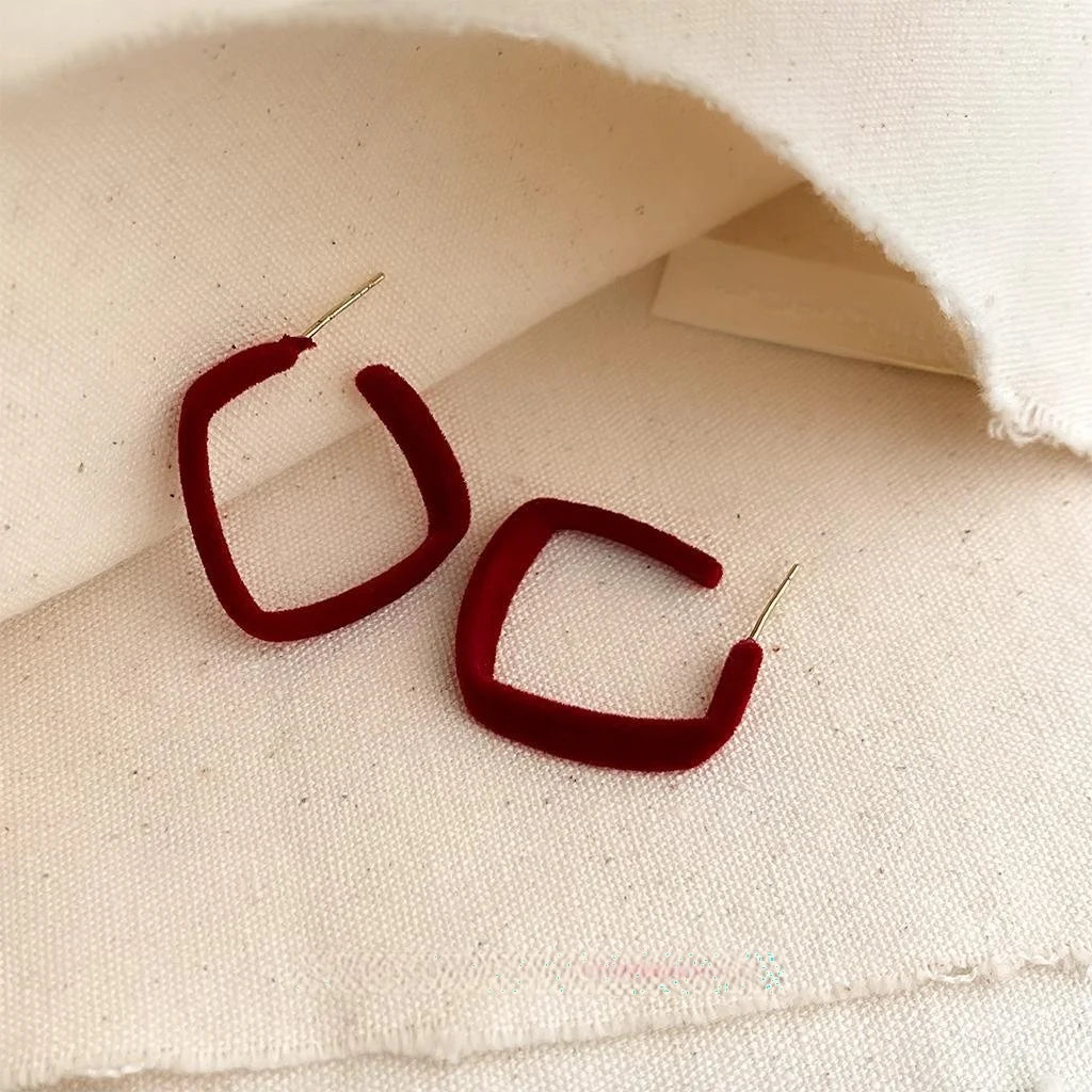 Burgundy Flocked Copper Geometric Ring Square Drop Earrings Vintage Hong Kong Style