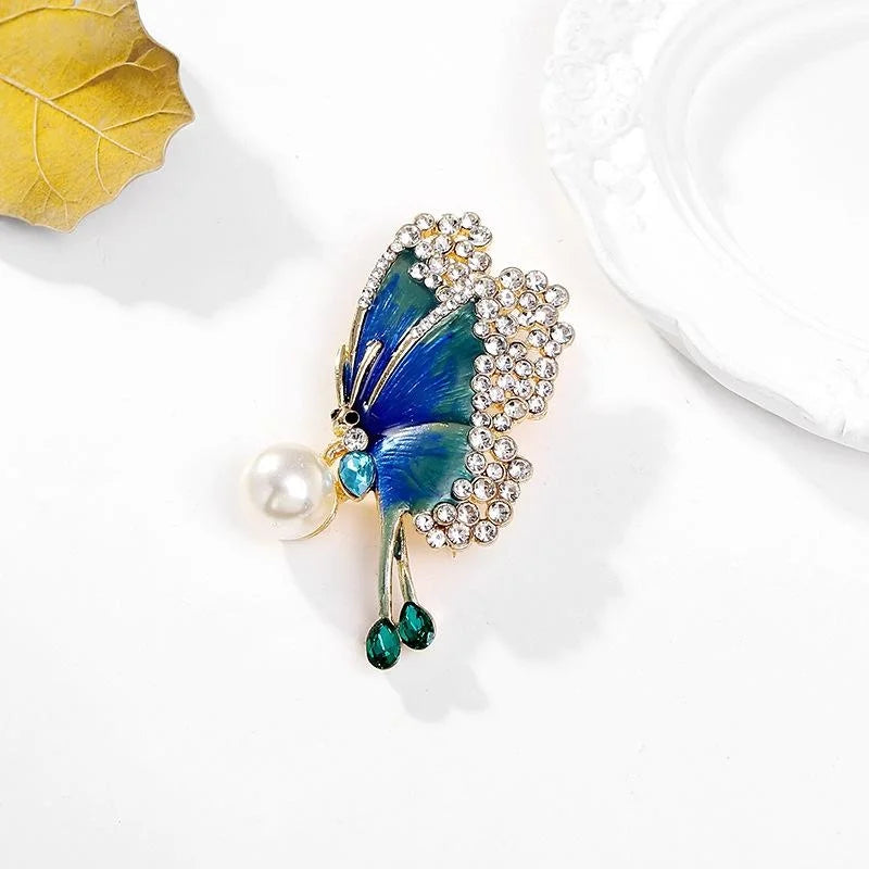 Elegant Blue Enamel Butterfly Brooch With Rhinestone Wings And Pearl Drop Lapel Pin Suit Accessory Gift