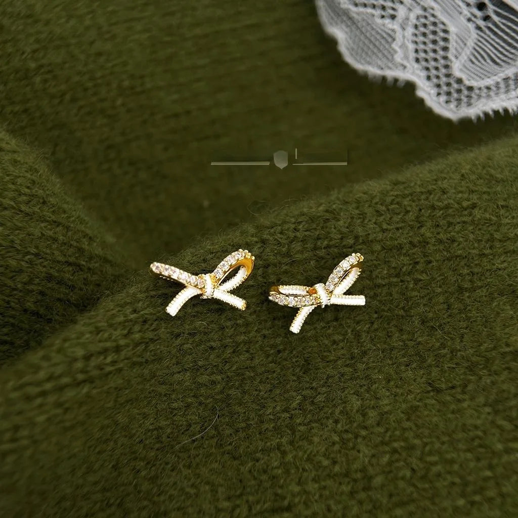 Sweet Micro Pave Zircon Enamel Bow Stud Earrings Eco-Friendly Copper Ribbon Knot Jewelry