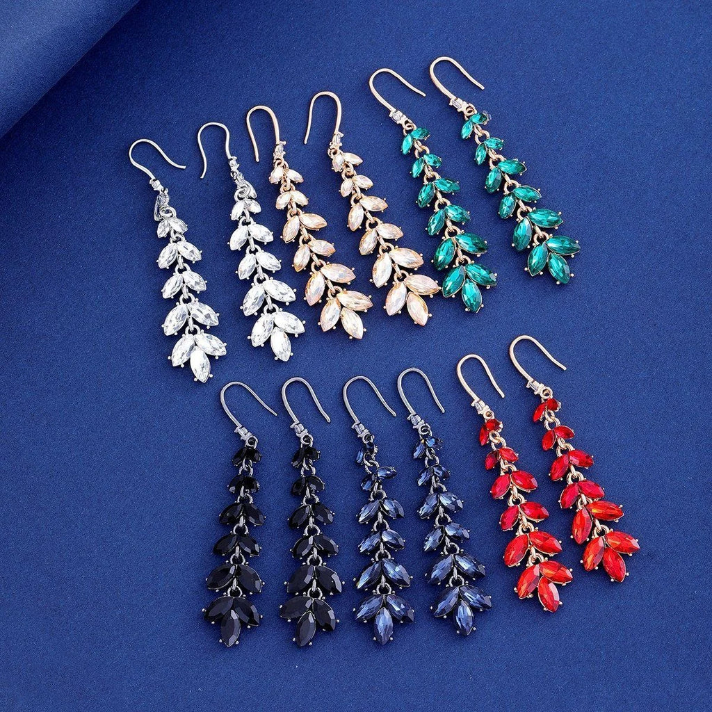 Elegant Long Crystal Leaf Tassel Earrings, Silver Alloy Rhinestone Floral Dangle Jewelry For Wedding Party