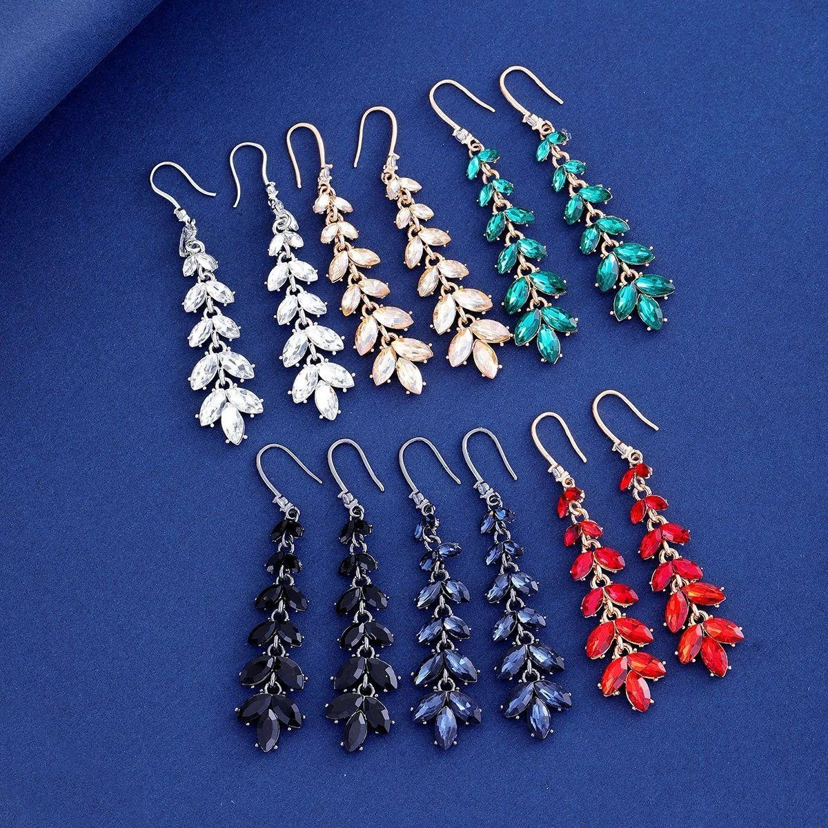 Elegant Long Crystal Leaf Tassel Earrings, Silver Alloy Rhinestone Floral Dangle Jewelry For Wedding Party