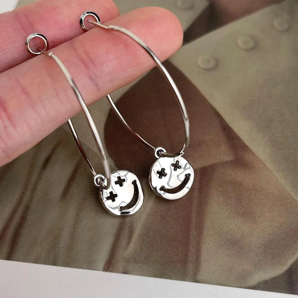 Sweet Cool Smiley Face Geometric Copper Hoop Earrings, Niche Designer Circle Jewelry