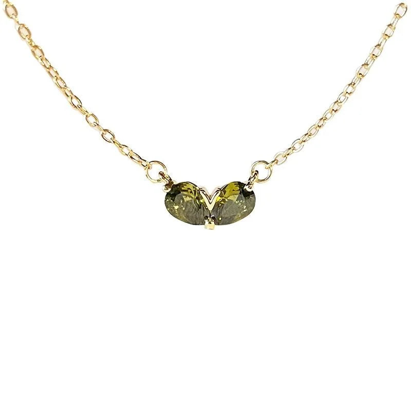 French Vintage Copper Green Sprout Heart Zircon Pendant Necklace For Women Light Luxury Collarbone Chain