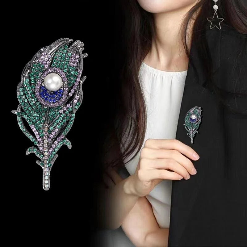 Vintage Peacock Feather Eye Brooch With Pearl And Green Rhinestones, Luxury Lapel Pin Suit Accessory