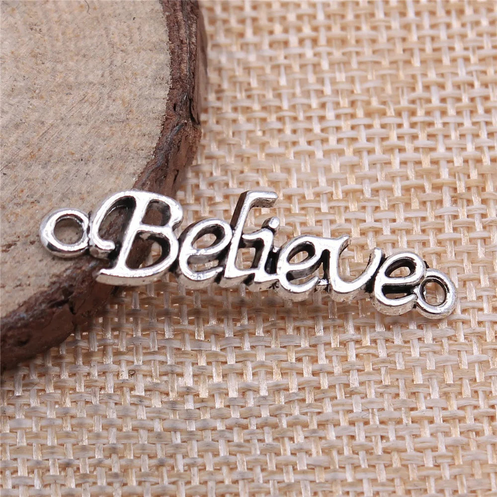 36x10mm 1.5g Antique Silver Zinc Alloy Believe Word Connector Charm for DIY Bracelet Jewelry Making