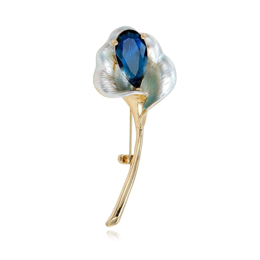 Elegant Calla Lily Flower Brooch With Blue Zircon Mother Of Pearl Petals, Luxury Lapel Pin Suit Corsage Gift