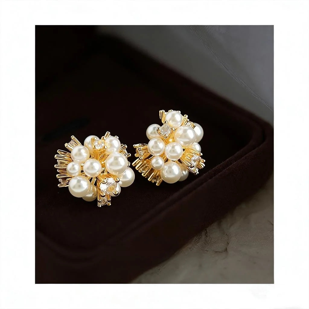 14K Plated Copper Pearl Zircon Firework Flower Stud Earrings Elegant French Geometric Jewelry