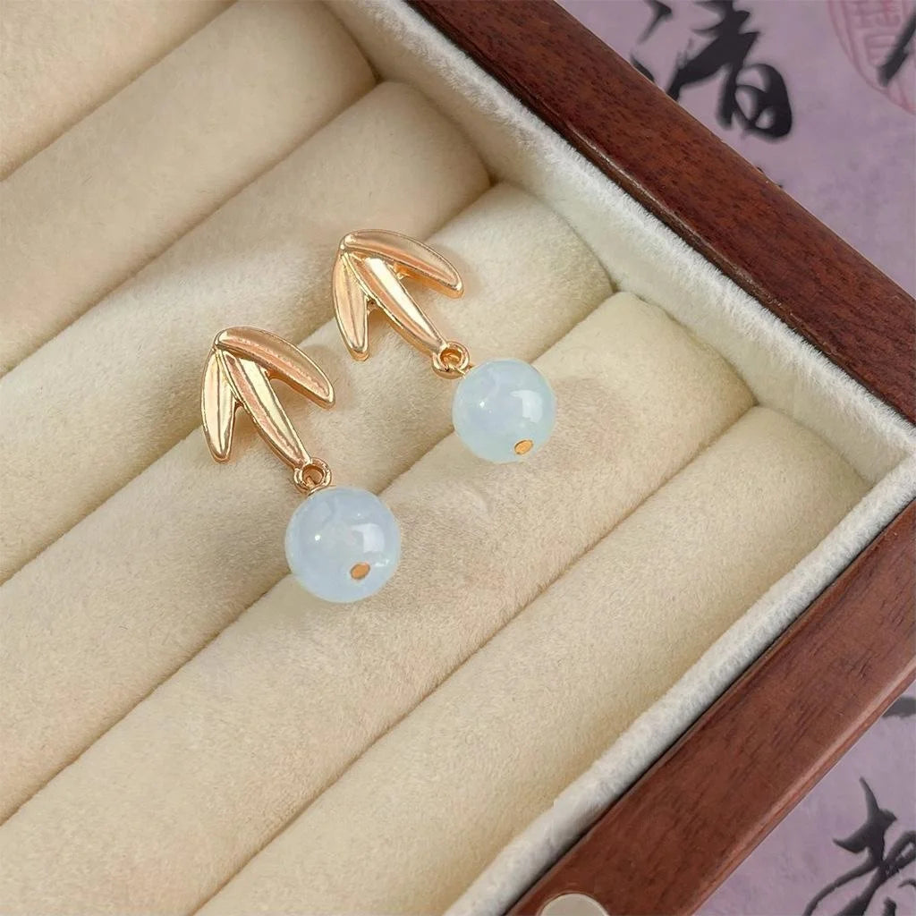 New Chinese Style Aquamarine Bamboo Leaf Drop Earrings Handmade Matte Designer Jewelry