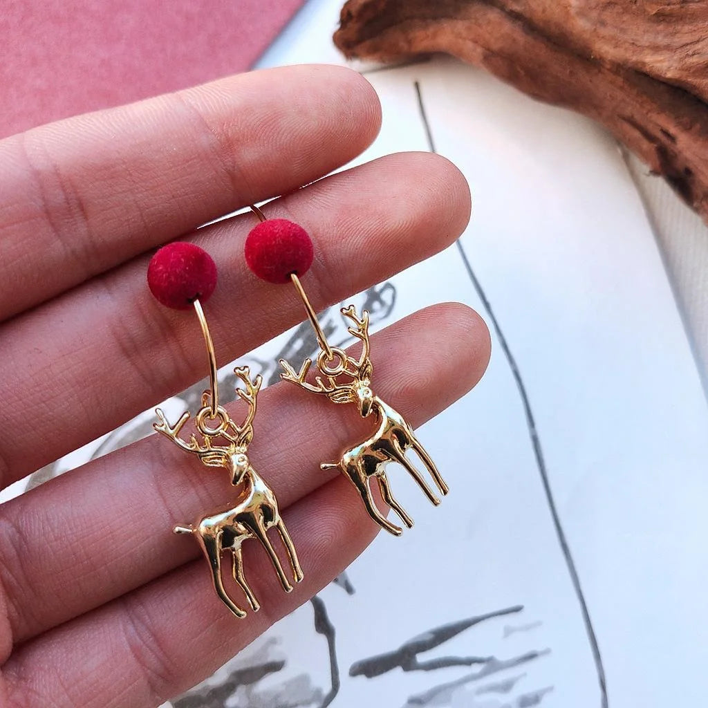 14K Gold Plated Alloy Reindeer Drop Earrings Christmas Animal Charm Jewelry For Women