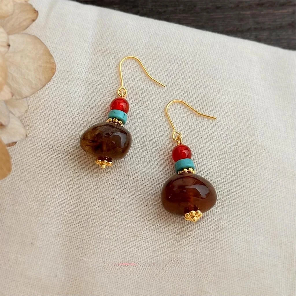 Vintage Maillard Style Handmade Teardrop Drop Earrings With Copper, Red Agate And Turquoise Resin