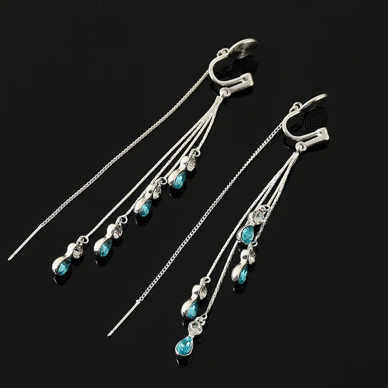 Elegant Blue Crystal Water Drop Long Tassel Threader Stud & Clip On No Piercing Alloy Earrings