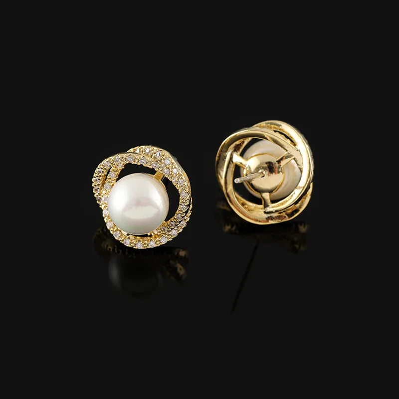 Luxury Gold Alloy Spiral Hoop Faux Pearl Zircon Stud & Clip On No Piercing French Vintage Earrings