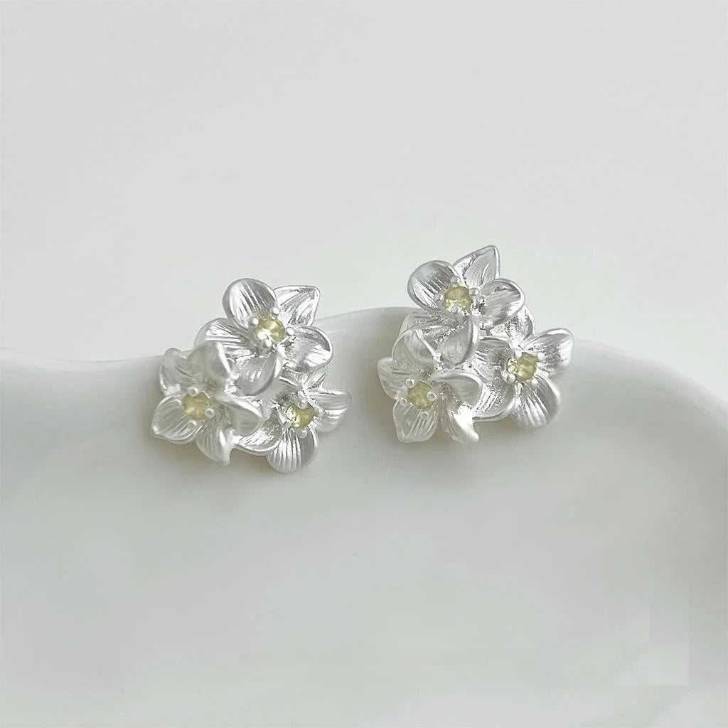 Matte White Jasmine Flower Copper Zircon Stud Earrings Fresh Sweet Minimalist Daily Jewelry