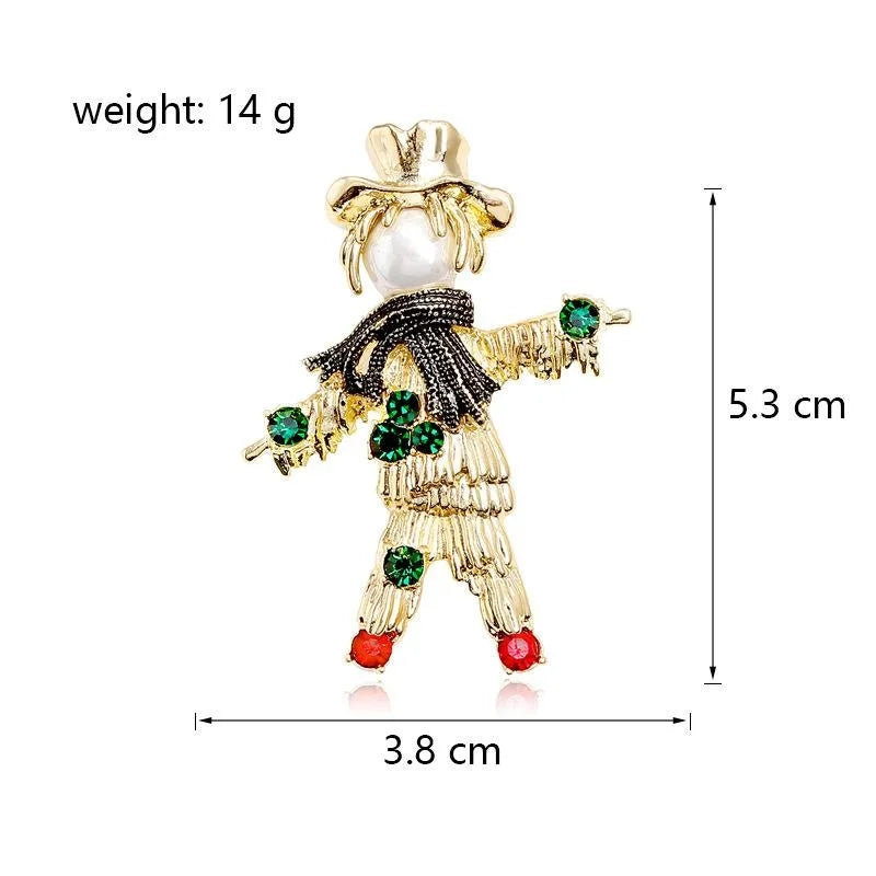 Vintage Scarecrow Pearl Rhinestone Brooch, Gold Alloy Straw Man Lapel Pin For Suit Accessory Gift