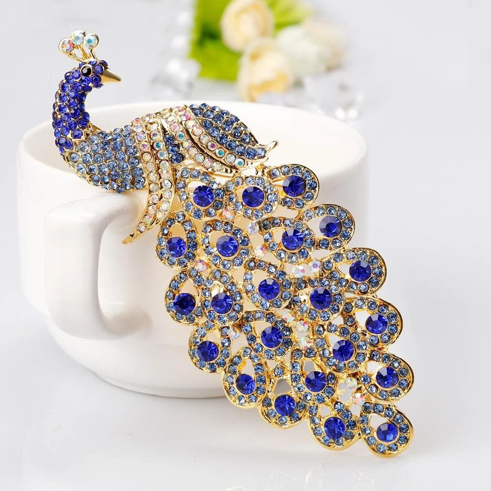 Oversized Royal Blue Rhinestone Peacock Brooch, Luxury Alloy Crystal Lapel Pin Corsage Suit Accessory Gift