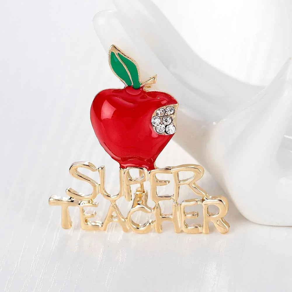 Cute Christmas Red Apple Enamel Rhinestone Alloy Brooch, Super Teacher Lapel Pin Corsage Gift