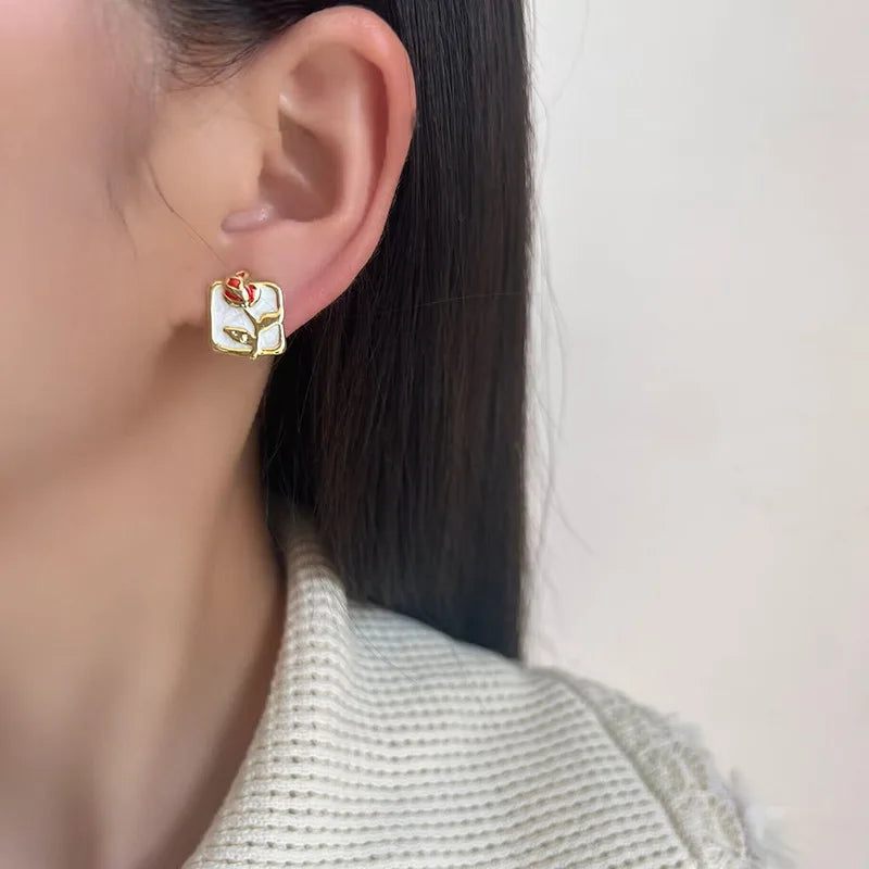 Elegant Enamel Red Rose Square Alloy Flower Stud & Clip On No Piercing Women's Fashion Earrings