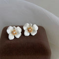 Sweet Copper Micro Pave Zircon Enamel Orchid Flower Stud Earrings For Elegant Everyday Wear