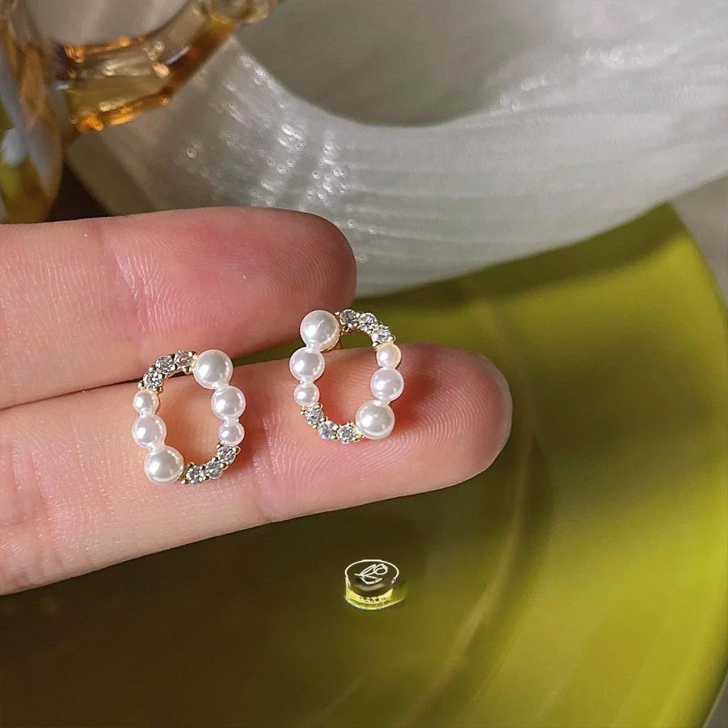 French Vintage Geometric Oval Micro Pave Zircon Copper Stud Earrings
