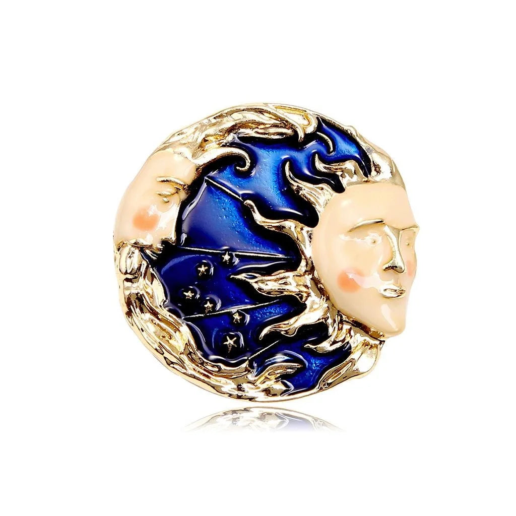 Elegant Enamel Sun And Moon Goddess Brooch, Gold Tone Alloy Celestial Face Lapel Pin Suit Accessory