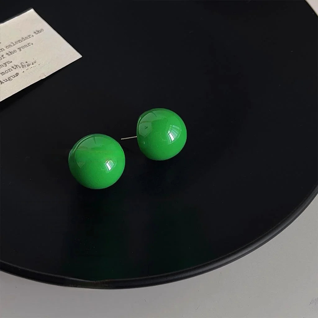 Premium Minimalist Green Acrylic Round Bean Stud Earrings With Silver Plated Pins