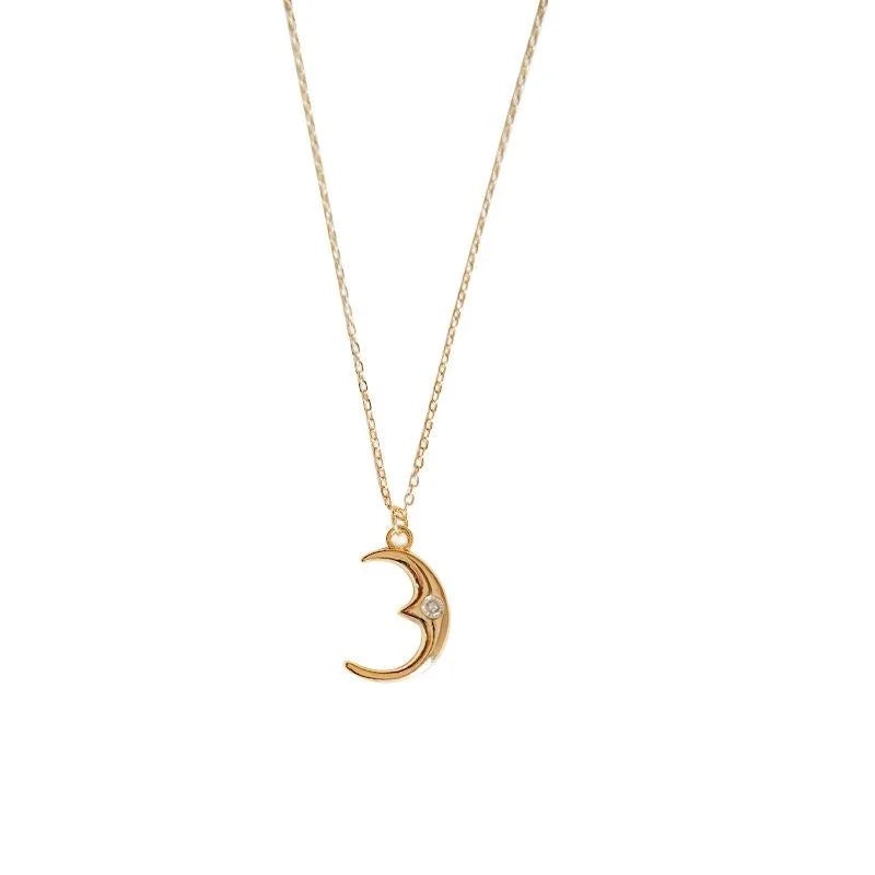 14K Gold Plated Copper Crescent Moon Micro Pave Zircon Collarbone Necklace