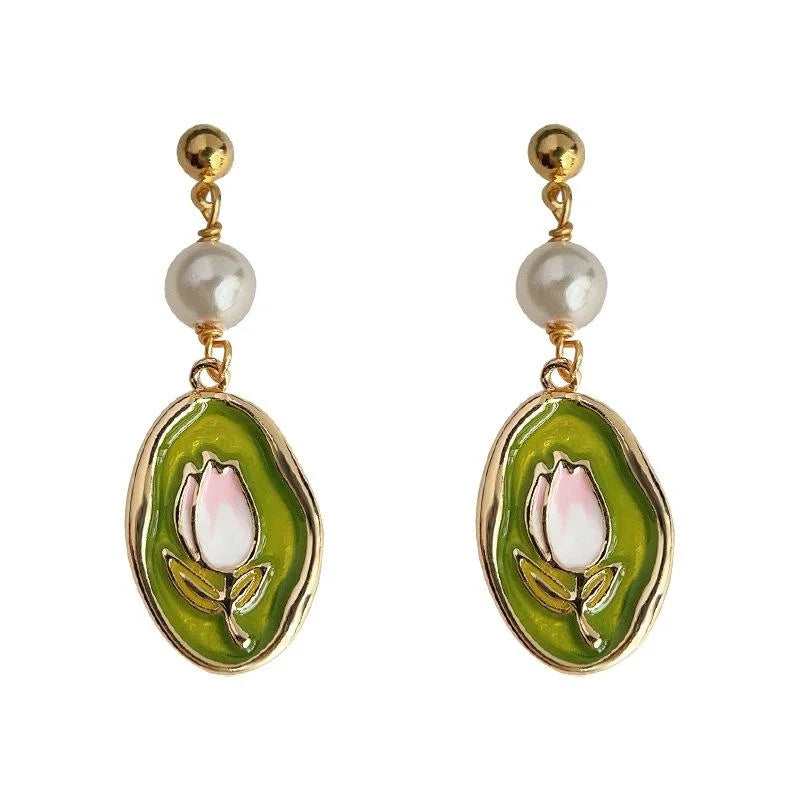 14K Gold Plated Copper Enamel Tulip Drop Earrings With High Luster Pearl Sweet Handmade Floral Jewelry