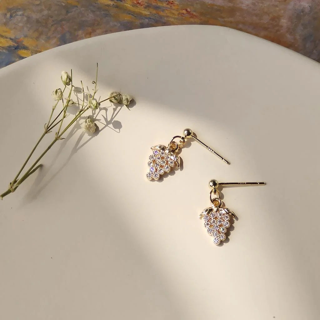 Vintage 14K Plated Copper Zircon Mini Grape Stud Earrings For Women Korean Style