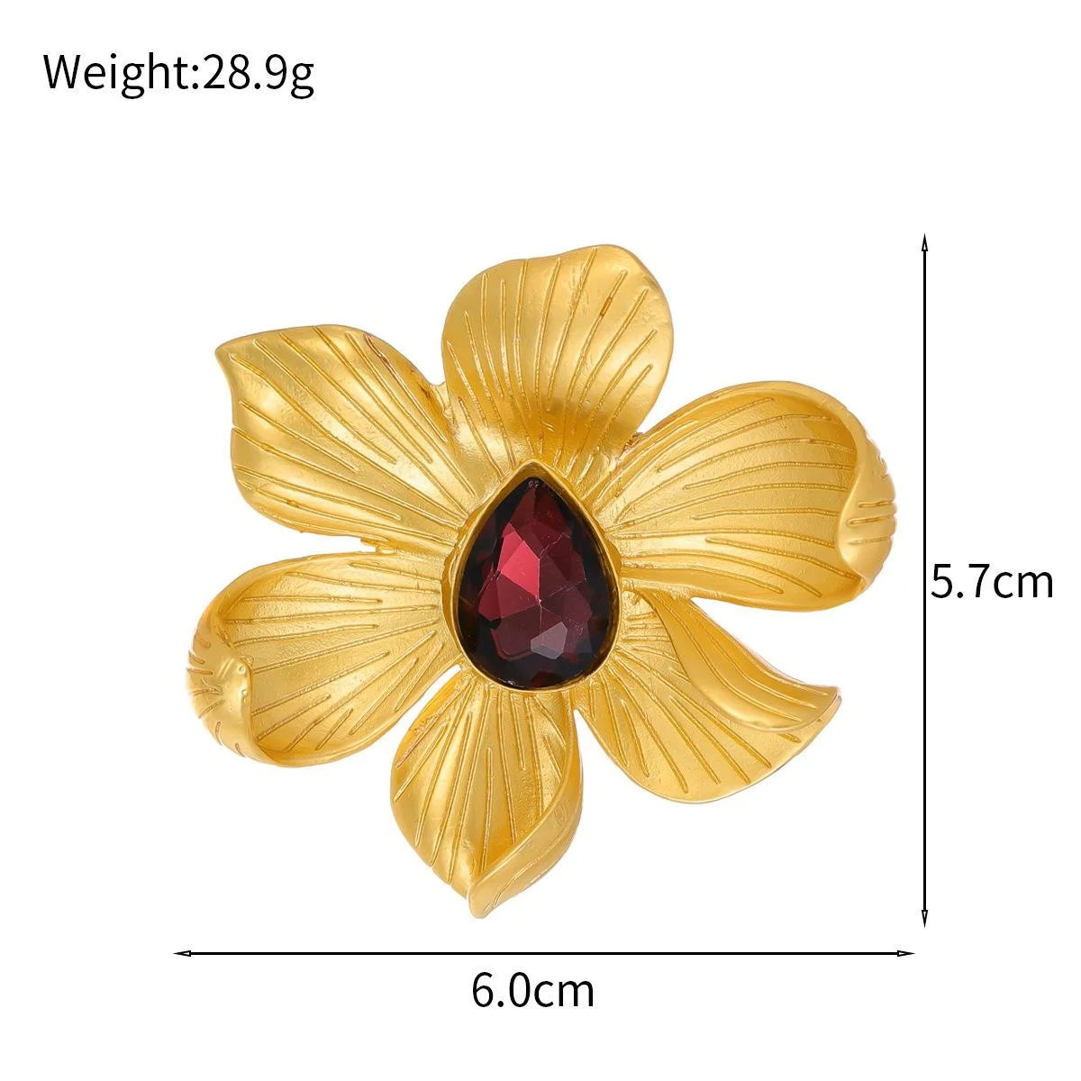 Luxury Gold Flower Brooch With Red Teardrop Glass Crystal Center, Elegant Floral Lapel Pin Corsage Gift