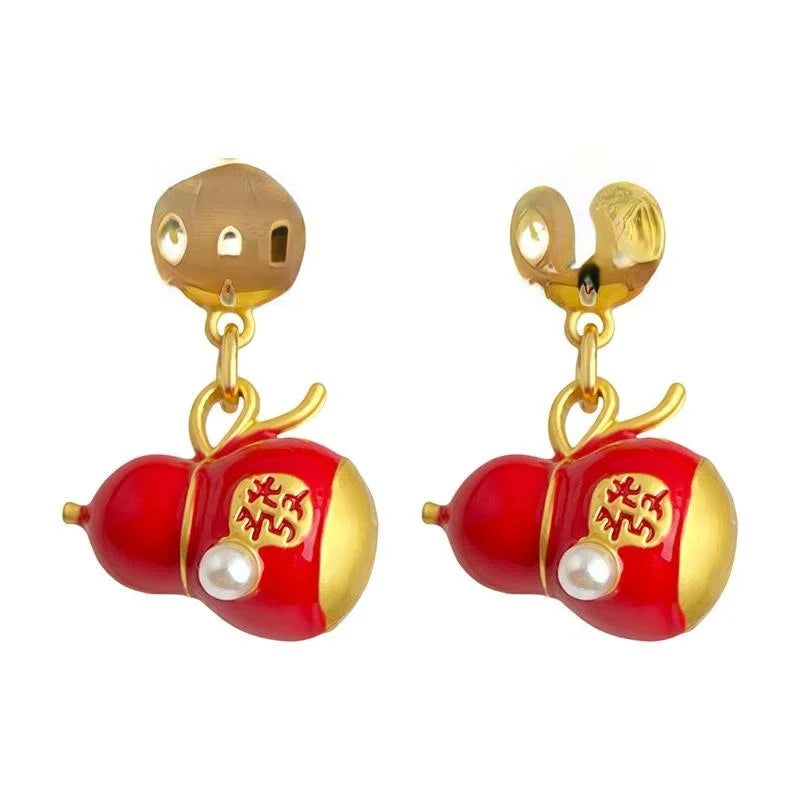 Lucky Red Enamel Gourd Drop Earrings Eco-Friendly Copper New Chinese Ethnic Jewelry