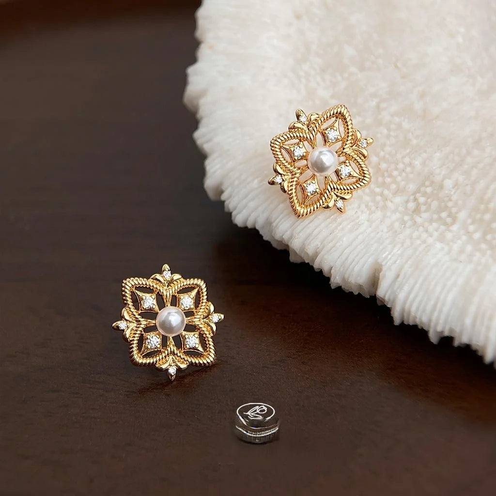 Light Luxury Copper Micro Pave Zircon Geometric Hollow Iris Flower Stud Earrings