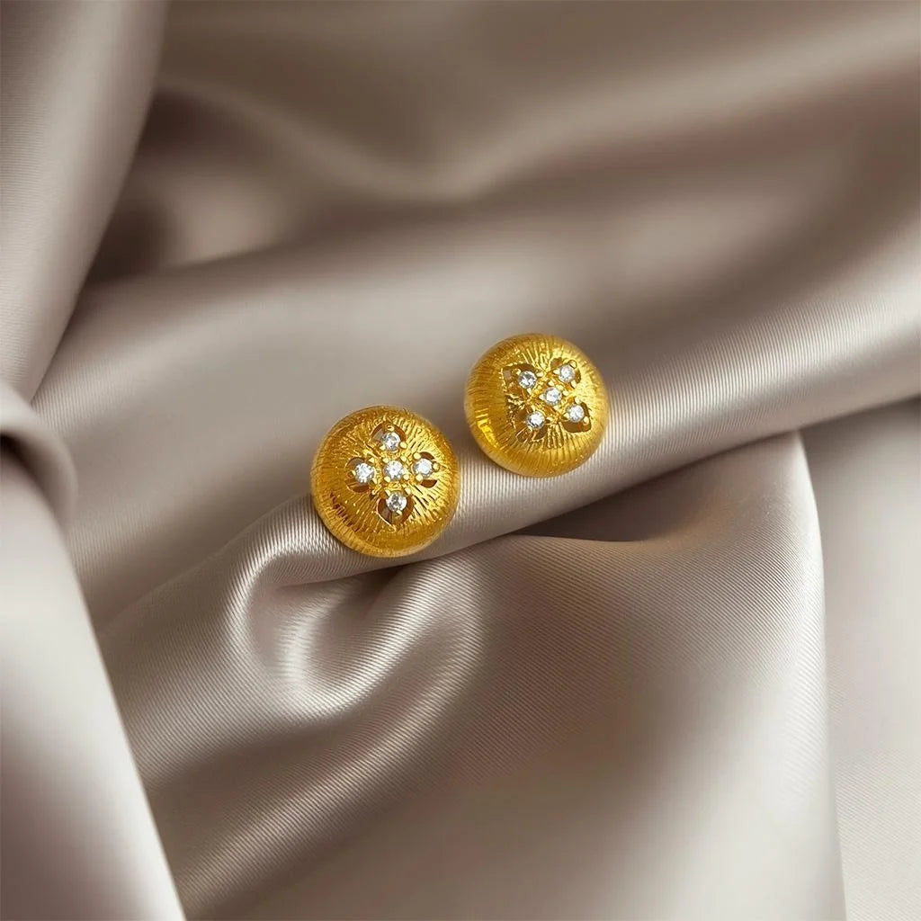 14K Plated Copper Flower Micro Pave Zircon Round Geometric Stud Earrings