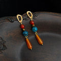 Vintage Ethnic Copper Red Agate Tiger Eye Geometric Tassel Drop Earrings