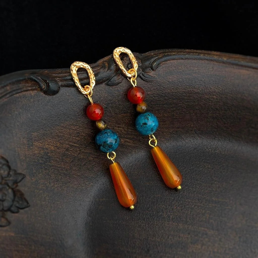 Vintage Ethnic Copper Red Agate Tiger Eye Geometric Tassel Drop Earrings